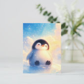 金色の雪の中のふわふわの赤ちゃんペンギン ポストカード (スタンド正面)