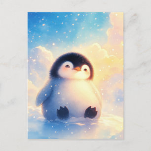 金色の雪の中のふわふわの赤ちゃんペンギン ポストカード