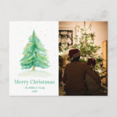 金色の雪の水彩クリスマスツリー シーズンポストカード (正面)