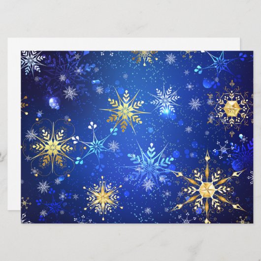 金色の雪の結晶が付いた青いクリスマスの背景 シーズンカード (正面/裏面)