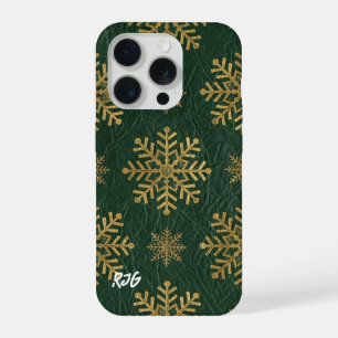 金色の雪の結晶とイニシャルがあしらわれたグリーンレザー iPhone 15 PROケース
