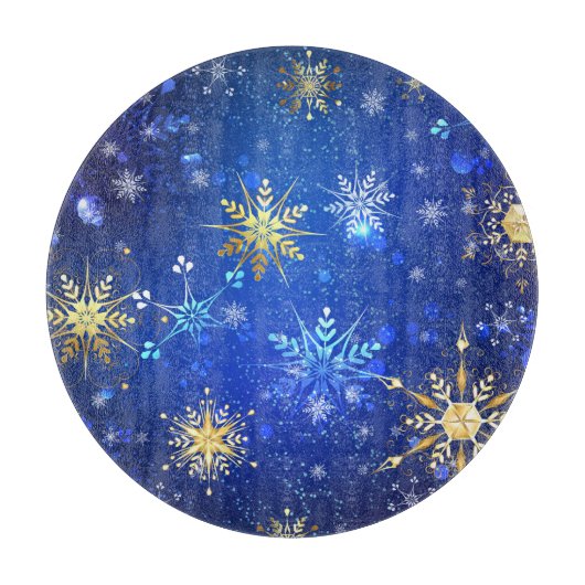 金色の雪の結晶とブルーのクリスマスの背景 カッティングボード (正面)