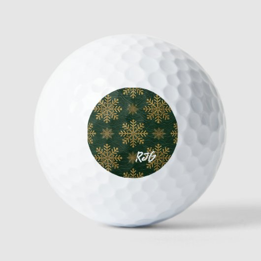 金色の雪の結晶のイニシャル入りグリーンレザー ゴルフボール (正面)
