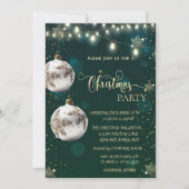 金色の雪の結晶、白い玉、緑の光るクリスマス 招待状 (正面)