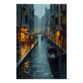 金色の響き - ヴェネツィアの絵画的な雨の夜 ポスター