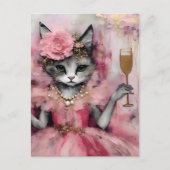金色の飲み物を使ったピンクのドレスを着た猫 ポストカード (正面)