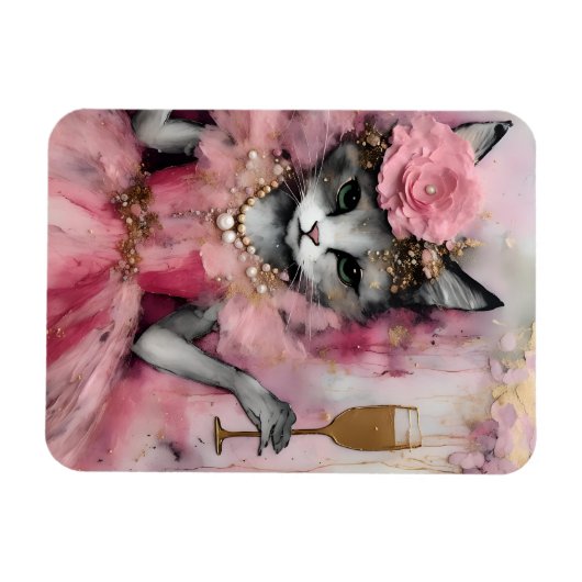 金色の飲み物を使ったピンクのドレスを着た猫 マグネット (横)