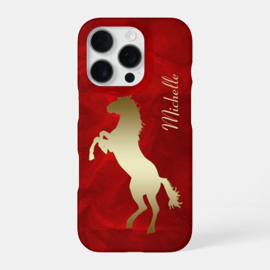 金色の馬のシルエット 立ち上がる 馬 赤  iPhoneケース (裏面)