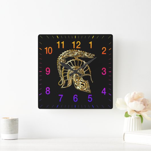 金色の騎士の鎧で虹色の番号を持つヘルメット スクエア壁時計 (ホーム)