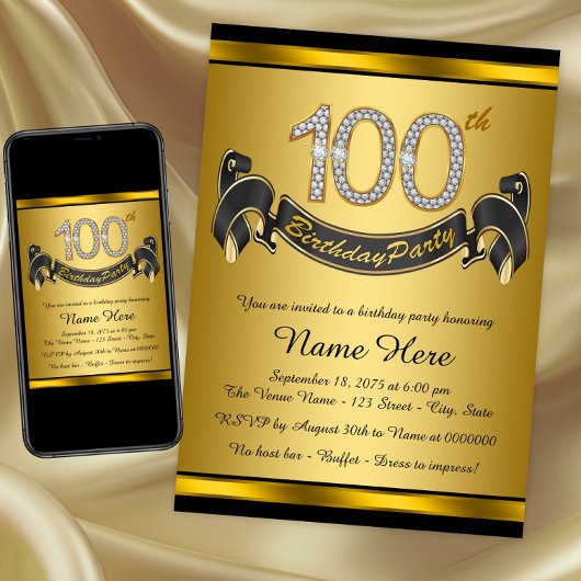 金色の100歳の誕生日パーティー 招待状
