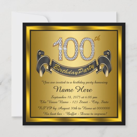 金色の100歳の誕生日パーティー 招待状 (正面)