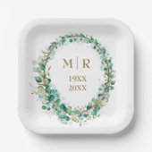 金色の50周年結婚記念ユーカリフラワー ペーパープレート (正面)