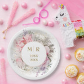 金色の50周年記念結婚式 ピンクの芍薬の花 フローラル ペーパープレート (パーティー)
