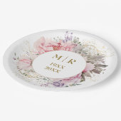 金色の50周年記念結婚式 ピンクの芍薬の花 フローラル ペーパープレート (アングル)