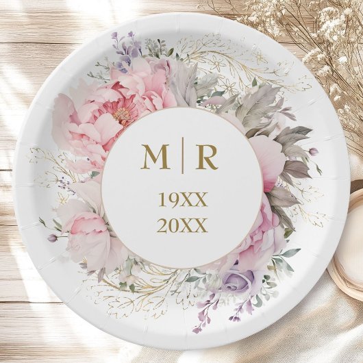 金色の50周年記念結婚式 ピンクの芍薬の花 フローラル ペーパープレート