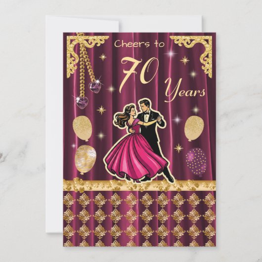 金色の70歳の誕生日 ダンス・カップル 招待状 (正面)