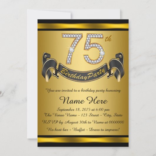 金色の75歳の誕生日パーティー 招待状 (正面)