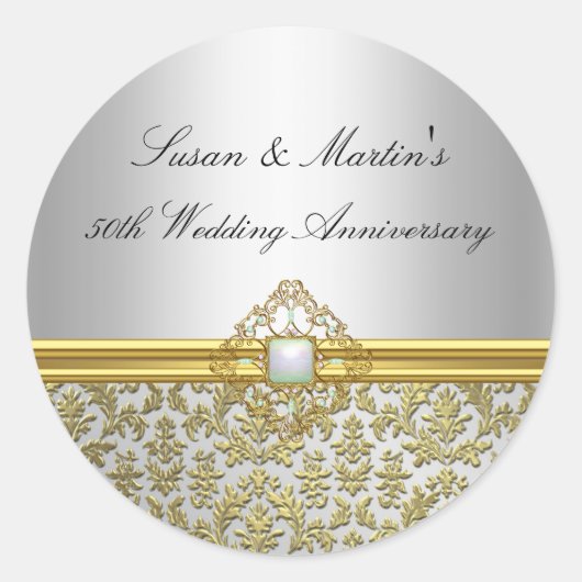 金色ダマスク調50周年記念結婚式ステッカー ラウンドシール (正面)