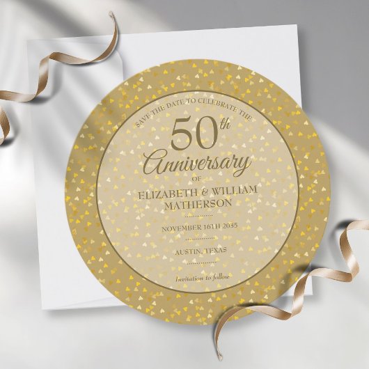 金色ハートの50回目結婚記念日アナウンスカード セーブザデート