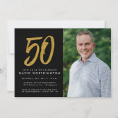 金色ラメ 50歳の誕生日パーティー 写真招待状 招待状 (正面)