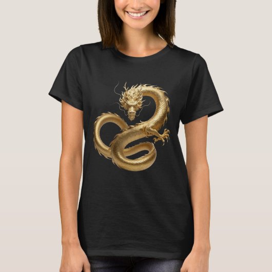 金色中国の龍のアート | 神話の生物ファンタジー Tシャツ (正面)