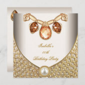 金色琥珀パール宝石イメージクリーム誕生日 招待状 (正面/裏面)
