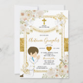 金色 白い花の少年 初の聖体拝領 招待状 (正面)