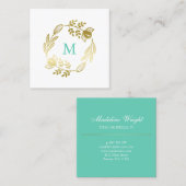 金花のリース及び真新しい緑のモノグラム スクエア名刺 (正面/裏面)