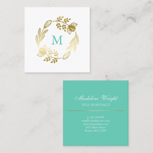 金花のリース及び真新しい緑のモノグラム スクエア名刺 (正面/裏面)