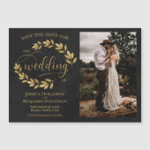 金葉金の写真と黒の日付保存 マグネット招待状 (正面)