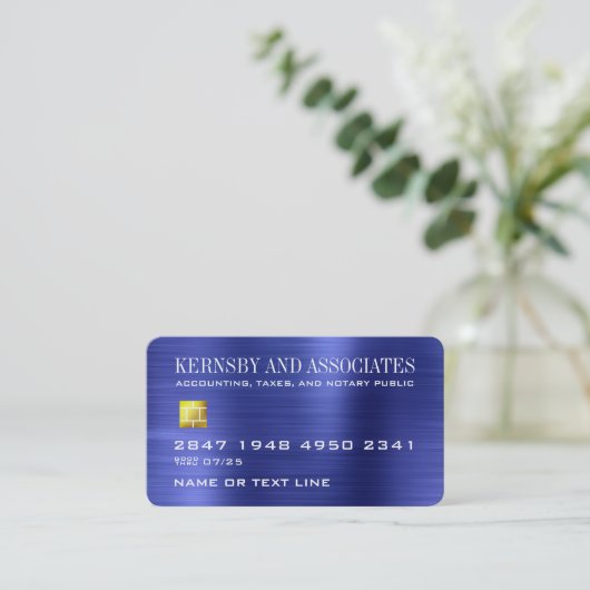 金融会計ブルーフェイクメタリック・クレジット・カード 名刺 (スタンド正面)