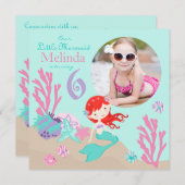 金褐色の人魚の第6誕生日の招待状 招待状 (正面/裏面)