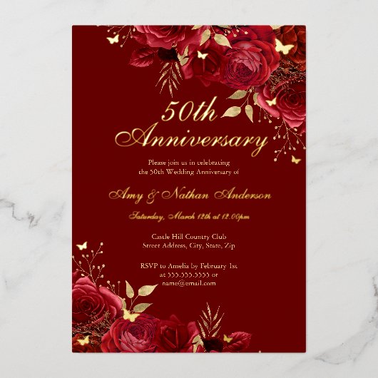 金赤色の花のモチーフ 50周年記念の結婚記念日 箔招待状 (正面)