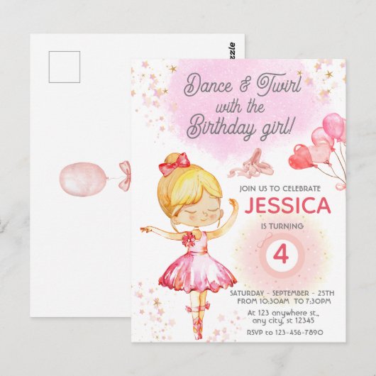 金髪のバレリーナの女の子の誕生日バレエ ポストカード (正面/裏面)