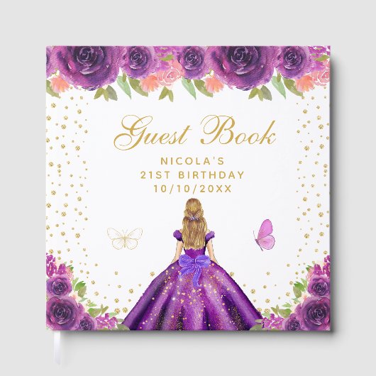 金髪のプリンセスの誕生日パーティー - 紫の花 ゲストブック (正面)