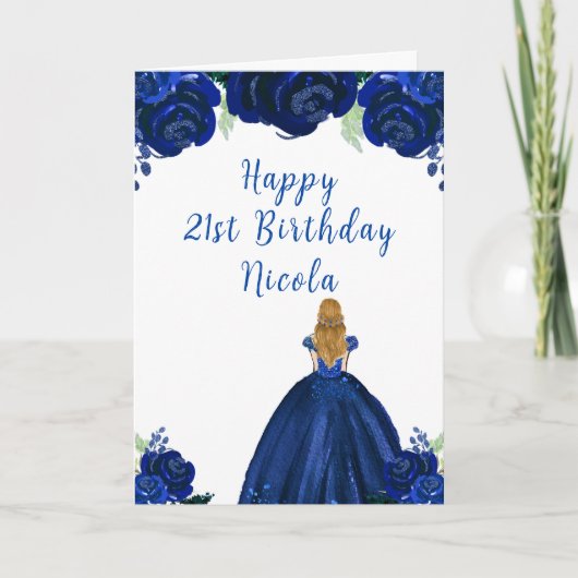 金髪のプリンセス ネイビーブルーの花の誕生日パーティー カード (正面)
