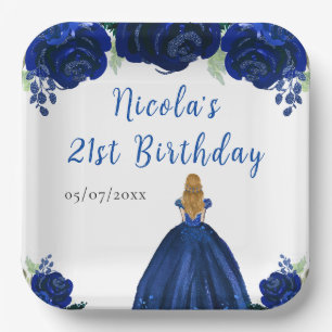 金髪のプリンセス ネイビーブルーの花の誕生日パーティー ペーパープレート