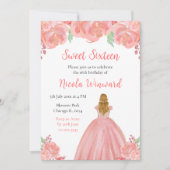 金髪のプリンセス ピンクの花のスイート16 招待状 (正面)