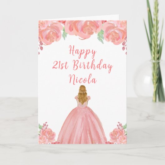金髪のプリンセス ピンクの花 誕生日パーティー カード (正面)