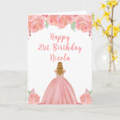 金髪のプリンセス ピンクの花 誕生日パーティー カード (黄色い花)