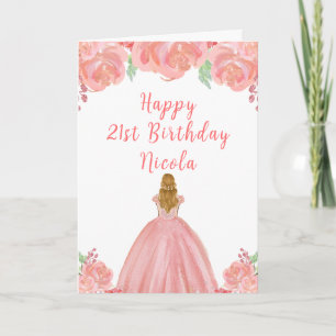 金髪のプリンセス ピンクの花 誕生日パーティー カード
