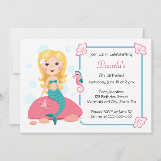 金髪の人魚の女の子のかわいい誕生日ガーリーの招待状 招待状 (正面)