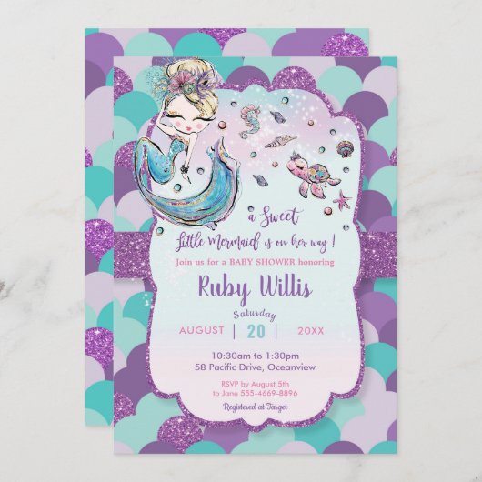 金髪の人魚の赤ちゃんシャワー海の紫 招待状 (正面/裏面)