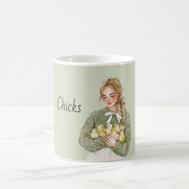 金髪の女の子がひよこを持っている コーヒーマグカップ
