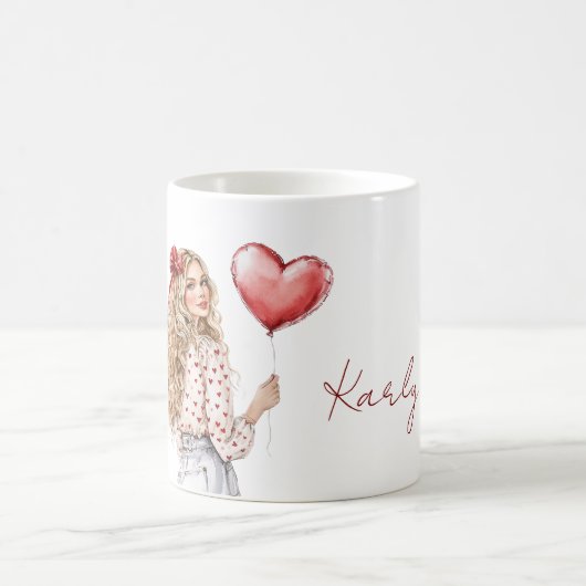金髪の女の子 赤いハートのブラウス コーヒーマグカップ (中央)