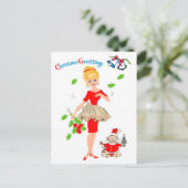 金髪の女，赤いドレスとサンタドッグ，祝日 ポストカード (スタンド正面)