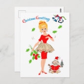 金髪の女，赤いドレスとサンタドッグ，祝日 ポストカード (正面/裏面)