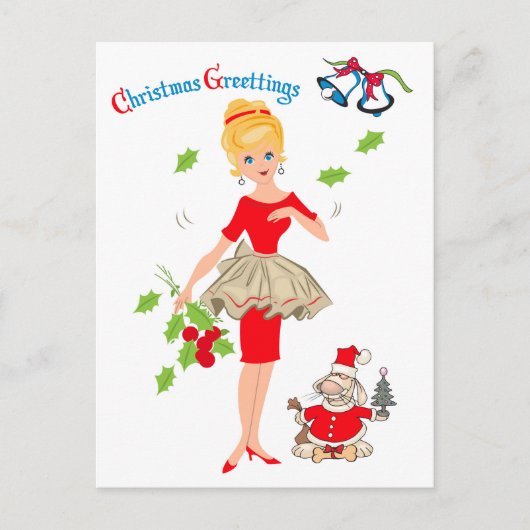 金髪の女，赤いドレスとサンタドッグ，祝日 ポストカード (正面)