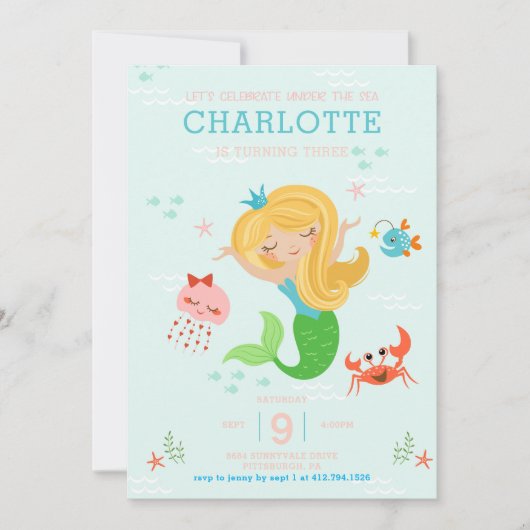 金髪の子供を持つ海の人魚の下 招待状 (正面)