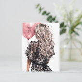 金髪の少女がピンクの風船を背に持つ豹柄のドレス ポストカード (スタンド正面)